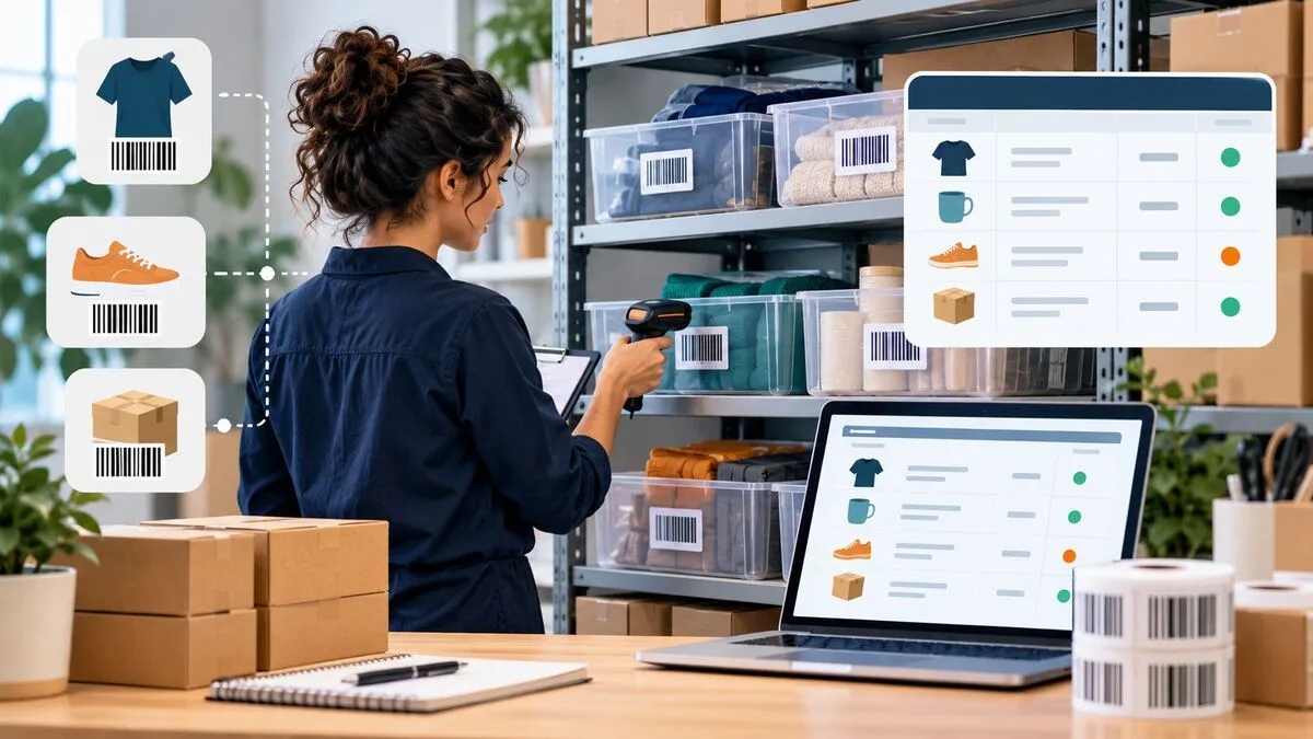 Online seller organising labelled inventory bins and SKU tracking
