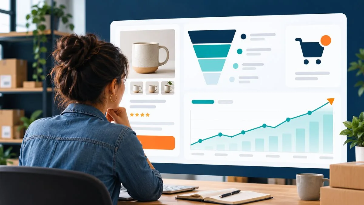 Online seller reviewing product page conversion rate analytics and shopping funnel