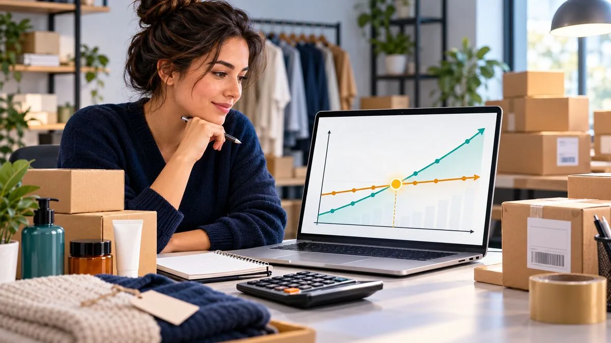 Online seller calculating the break-even point where sales cover business costs